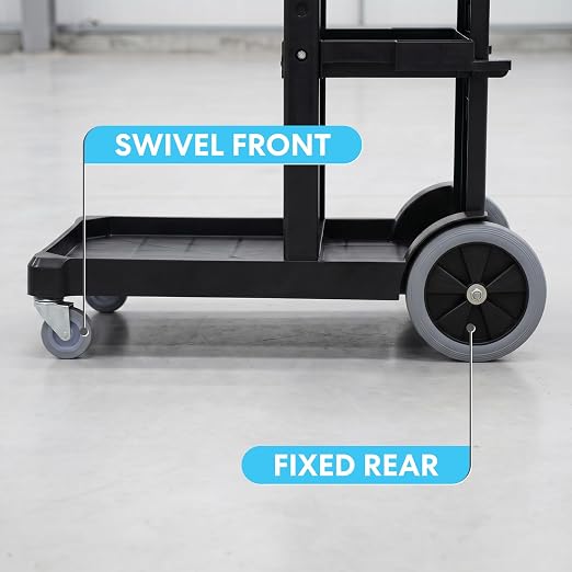 Simpli-Magic Commercial Cleaning Cart with Waste Bag & Lid, Janitorial Utility Cart with 3 Shelves, Mop & Broom Holders, 330 lb Capacity, Yellow/Grey