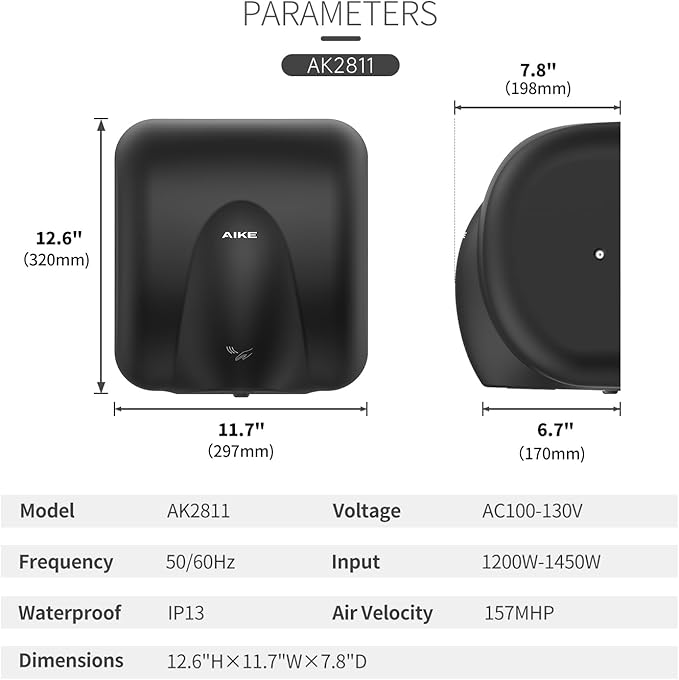 AIKE Heavy Duty Hand Dryer Hard-Wired Friendly 110V High Speed Matte Black Stainless Finish Model AK2811