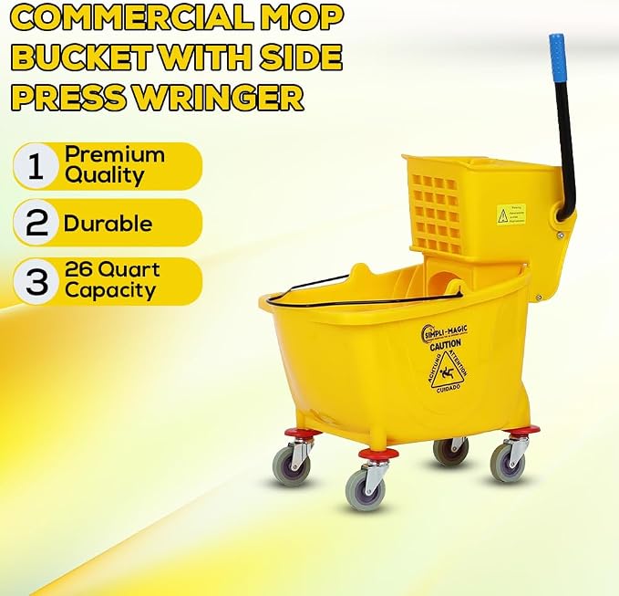 Simpli-Magic 79358 Commercial Mop Bucket with Side Press Wringer, 26 Quart, 14.75"L x 12.95"W x 19.95"H, Yellow