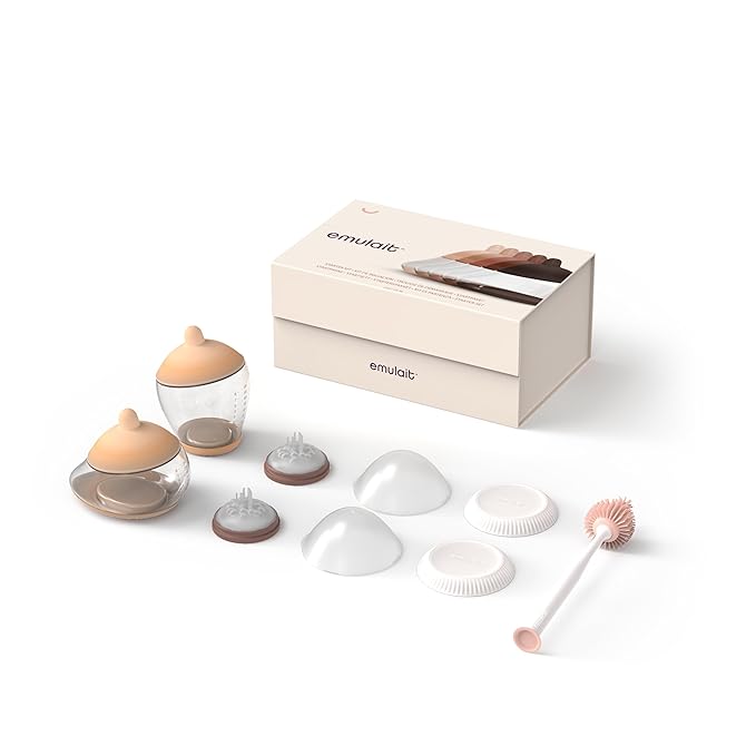 Emulait Baby Bottle Starter Kit Includes 2 Bottles 2 Nipples 2 Caps 2 Lids 2 Responsive Flow Valves, Cleaning Brush