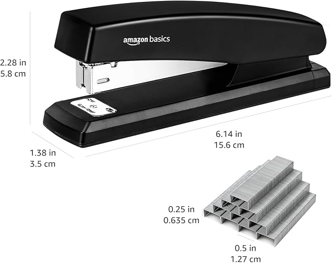 Amazon Basics Office Stapler with 1000 Staples, 25 Sheet Capacity, Non-Slip, Black, Home Office