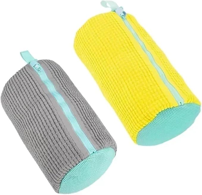 1/4PCS Shoe Washing Bag Washing Machine Laundry Bags Microfiber Closure Shoes Cleaning Bag Shoes Laundry Net Fluffy Fibers(2PCS-grey- yellow)