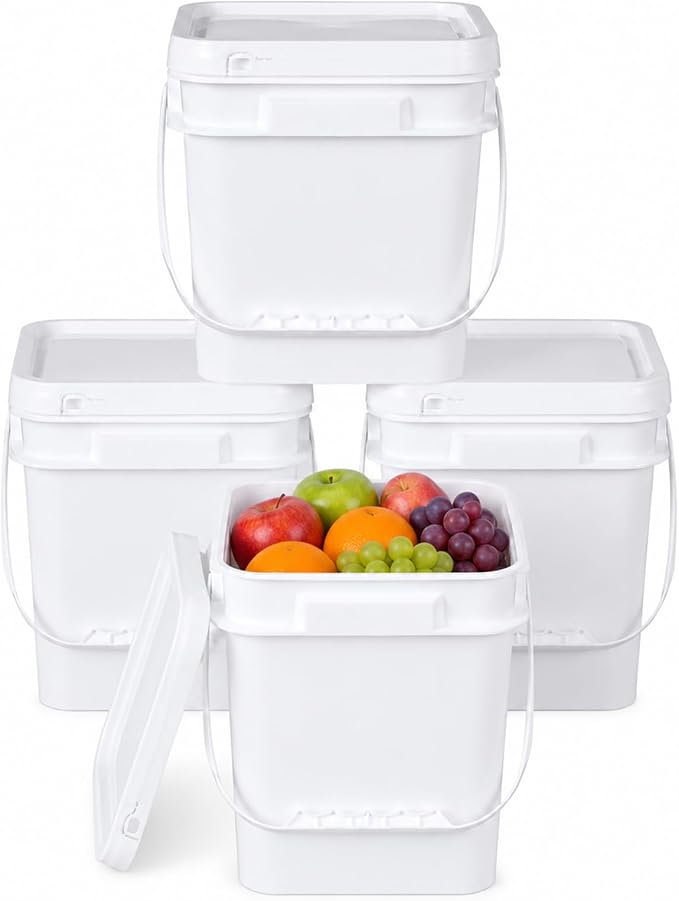 1 Gallon Food Storage Buckets with Lids, 4 Pack Square BPA Free Plastic Containers with Handles and Labels for Rice, Flour, Snacks and Kitchen Storage (White)