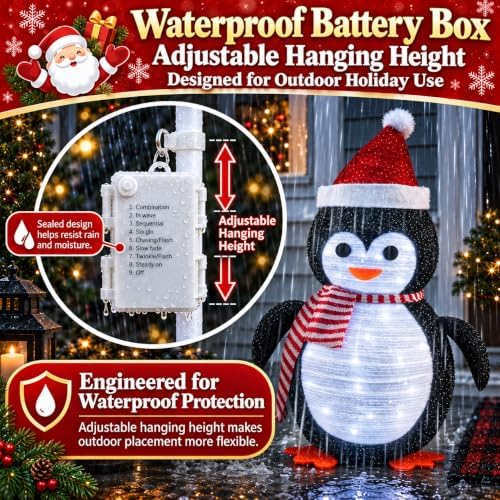 27.5-Inch Lighted Christmas Penguin for Outdoor Christmas Decorations, Pop-Up Penguin Yard Decor with 45 Cool White LEDs, Battery-Operated Timer, Collapsible Metal Frame for Porch and Lawn