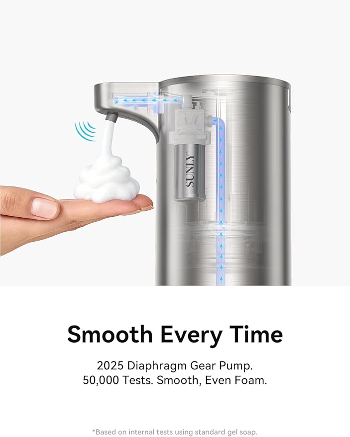 SUNLY Automatic Foaming Soap Dispenser Touchless, 0.2s Fast Sensor, USB-C Rechargeable, Smudge-Resistant Stainless Steel, Hand Soap Dispenser for Bathroom, Kitchen, Hotel, Silver