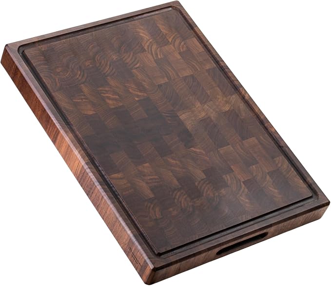 muso wood End Grain Cutting Board, Black Walnut Wood, 2" Thick Dual-Sided Wooden Chopping Board with Juice Groove & Handle - Idea for meat cutting, vegetable dicing, and fruit processing, 20 x 15 inch