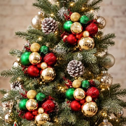 4 Set Large Red Green Gold Christmas Ball Cluster Fabric Ball Ornament