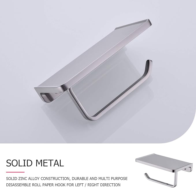 Toilet Paper Holder with Phone Shelf Solid Metal Bathroom Wall Mounted Tissue Roll Dispenser Storage, Brushed Nickel