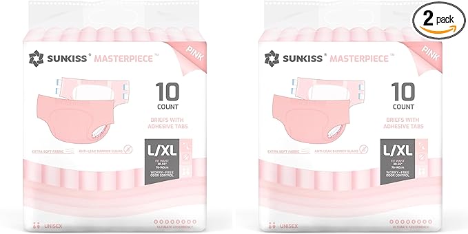 SUNKISS Masterpiece Adult Diapers with Tabs, Unisex Disposable Incontinence Briefs for Women and Men, Odor Control, Pink, Large/XLarge, Previously Large,10 Count (Pack of 2)