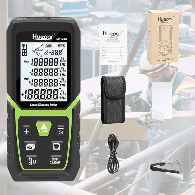 Huepar Laser Distance Meter 393Ft with Li-ion Battery & Electric Angle Sensor, Backlit LCD Laser Measure M/in/Ft with High Accuracy Multi-Measurement Modes, Pythagorean, Distance, Area&Volume