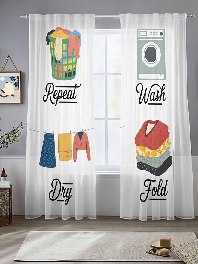 Laundry Room Sheer Curtains 84 Inch Length 2 Panels for Living Room, Wash Repeat Dry Fold Simple Drawn Voile Kitchen Curtain Set, Luxury Privacy Drapes Window Treatment for Bedroom