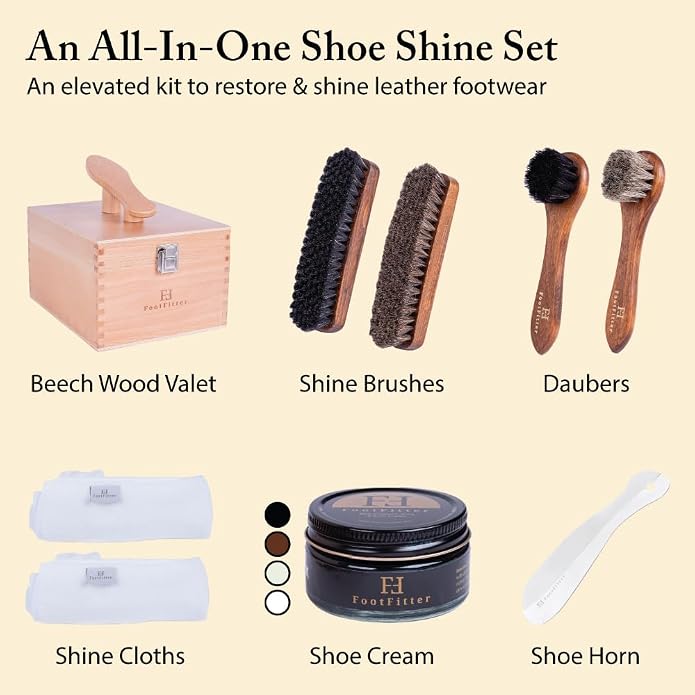 FootFitter Beech Wood Valet Box, Premium Shoe Shine Storage Organizer | Durable Beech Wood Construction with Storage Space for Shoe Care Tools & Attachable Shoe Rest for Cleaning & Polishing