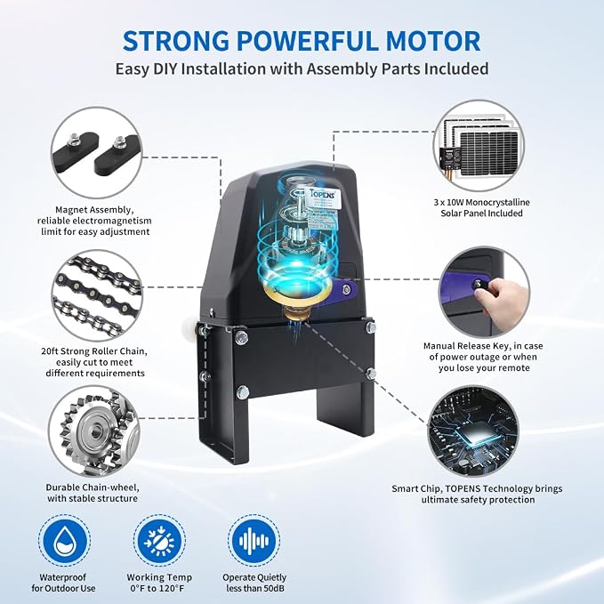 TOPENS DKC1100S Solar Sliding Gate Opener Chain Drive Automatic Gate Motor for Heavy Driveway Slide Gates Up to 2600 Pounds, Electric Gate Operator Battery Powered with Solar Panel Remote Control Kit