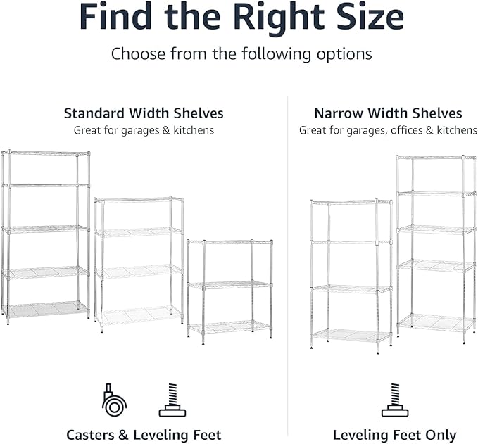 Amazon Basics 3-Shelf Adjustable Heavy Duty Steel Wire Shelving Rack with Chrome Finish, No-Tool Assembly, 250 lbs per Shelf, 23.2" L x 13.4" W x 30" H