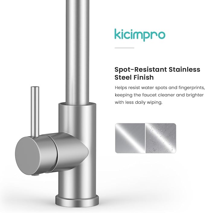 Kicimpro Kitchen Faucets with Pull Down Sprayer, NSF Certified Lead-Free 304 Stainless Steel Sink Faucet 1 Hole, Faucet for Kitchen Sink, Rv, Bar, Camper, Laundry, Easy Installation,Brushed Nickel | 3 Spray Modes, 360 Swivel, Deck Plate, SUS304, Fits 1...