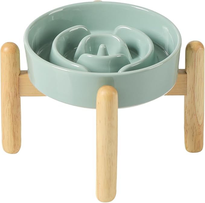 Havniva Elevated Slow Feeder Dog Bowls, Ceramic Dog Bowl Slow Feeder | 0.9 Cups Raised Slow Feeding Bowl for Small Breed, Puzzle Dog Food Bowl with Wooden Stand, Non-Slip, Anti-Choking