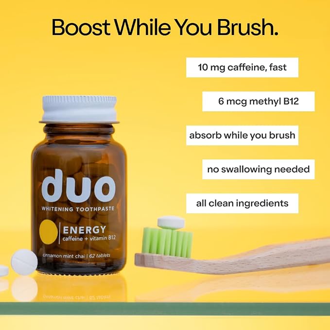 Duo Energy Toothpaste Tablets, Caffeine B12, Nano-Hydroxyapatite, 62 Count | Caffeine + B12, nHa, whitening, remineralizing, sensitivity care, plastic-free, cinnamon mint chai, 62 toothpaste tablets