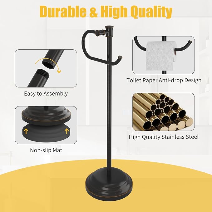 BESy Toilet Paper Holder Free Standing Bathroom Toilet Tissue Holder Stand for Floor Toilet Paper Roll Holder with Storage Hardware Accessories Rack Hand Towel Bar Oil Rubbed Bronze Stainless Steel
