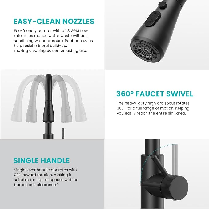 Kicimpro Matte Black Kitchen Faucet with Pull Down Sprayer, 304 Stainless Steel, 23-Inch Extended Hose Design, Three Water Functional Ways, Easy Installation | 304 Stainless Steel,10-Min DIY Install,23-Inch Pull-Down Hose,2-Function Spray,360° Swivel S...