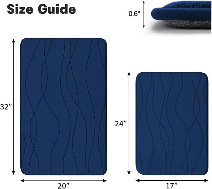 YIHOUSE Bathroom Rugs Set 2 Piece, Memory Foam Bath Mat Navy Blue | 17x24& 20x32, Ultra Soft, Absorbent, Non-Slip, Machine Washable, for Bathroom, Sink and Toilet