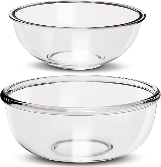 Large Borosilicate Glass Mixing Bowls, Set of 2 (6.4QT, 3.7QT) - Heavy-Duty, Stackable & Lead-Free. Oven, Microwave, Dishwasher & Freezer Safe. Ideal for Sourdough, Baking, Prepping, Serving.