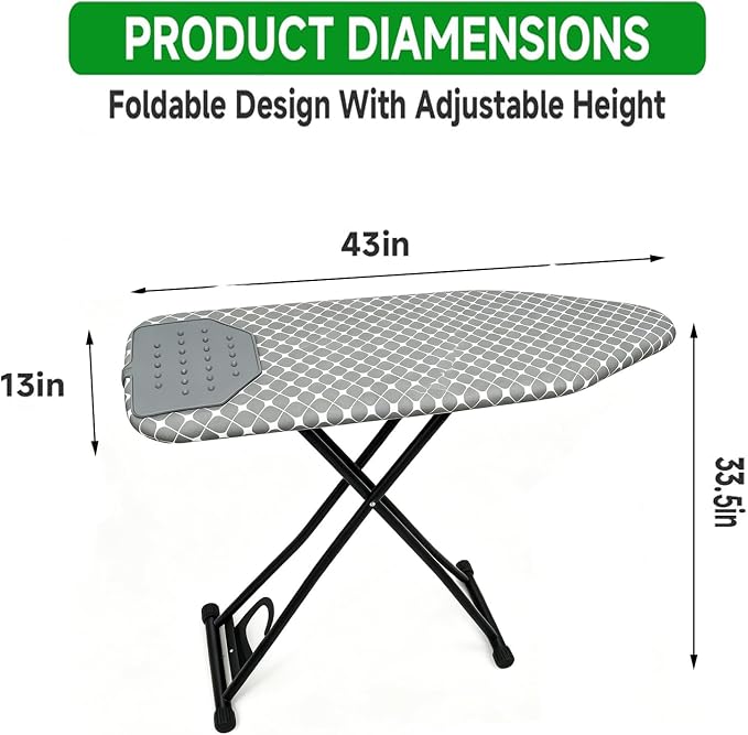 Ironing Board Full Size, Heat Resistant Cover Wide Iron Board, Ultra Thick Padding, Height Adjustable Heavy Sturdy Metal Frame Legs Ironing Stand,Non-Slip Foldable 43"x13" (Cassic)