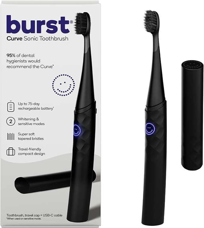 Burst Curve Sonic Electric Toothbrush for Adults (Black) | Slim Travel Brush with Cover | Ultra Soft Bristles | Up to 2 Month Rechargeable Battery | Two Modes & Timer