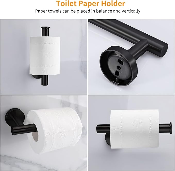 Cilee 10-Piece Matte Black Bathroom Accessories Set, 16 inch Towel Rack + Towel Ring + Robe Towel Hook + Toilet Paper Holder for Bathroom Wall, Stainless Steel Towel Bar