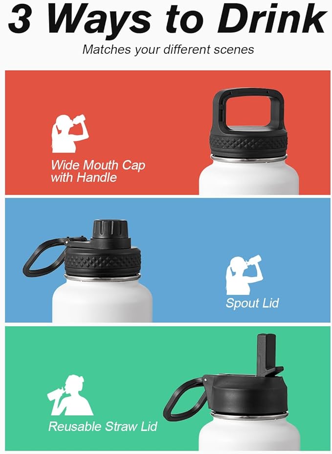 Coolflask Water Bottle 32 oz Insulated with Straw, Stainless Steel Metal 3 Lids Water Flask Wide Mouth for Sports or Office, Non-BPA Keep Cold Up to 48 Hrs or Hot Up to 24 Hrs, White & Black