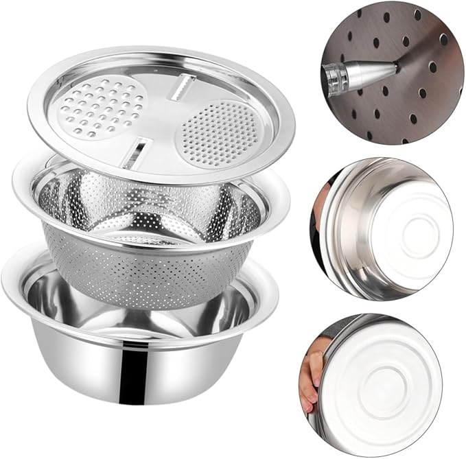 SHOWERORO 1set Stainless Steel Vegetable Grater and Basin Kitchenware Set for Efficient Food Preparation and Easy Washing of Fruits and Vegetables
