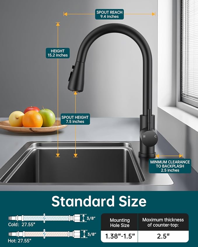 Hiqufet Pull Down Kitchen Faucet with Soap Dispenser, Matte Black | Easy Install, High Arc Single Handle, 3 Spray Modes, 360 Swivel, SUS304 Stainless Steel, Fits RV/Laundry/Bar Sinks
