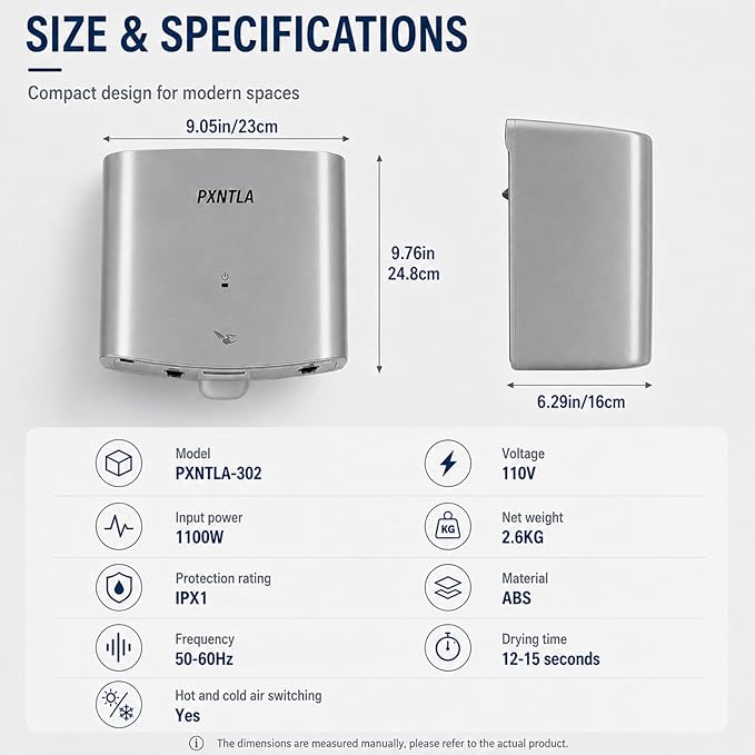 Hand Dryer, 12-15 Seconds Fast Dry Hands, 100-130V Voltage, Bottom Hot & Cold Air Switch, IPX1 Waterproof & 60s Overheat Protection