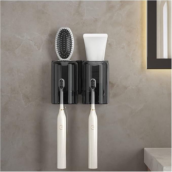 Toothbrush Rack Couple Toothbrush Holder Wall Mount Toothbrush Holder Bathroom Storage Rack with Mouthwash Cup, Toothpaste Squeezer Kit Bathroom Toothbrush Holder(A,Small)