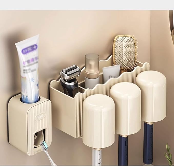 Toothbrush Rack Bathroom Cream Toothbrush Holder Wall-Mounted Toothbrush Holder Two-Person Three-Person Toothpaste Storage Rack Bathroom Toothbrush Holder(S14.8cm)