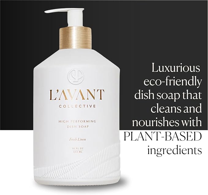 L'AVANT Collective Natural Luxury Dish Soap | Plant-Based, Non-Toxic & Grease-Cutting, Safe for Kids & Pets, Refillable Glass Bottle with Pump, 16 Fl Oz | Fresh Linen