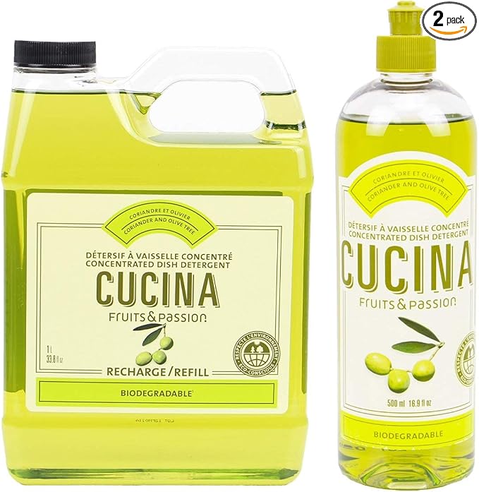 Cucina Fruits & Passion Coriander and Olive Tree Dish Detergent Duo Set, 16.9 fl oz Bottle and 33.8 fl oz Refill, Made in Canada