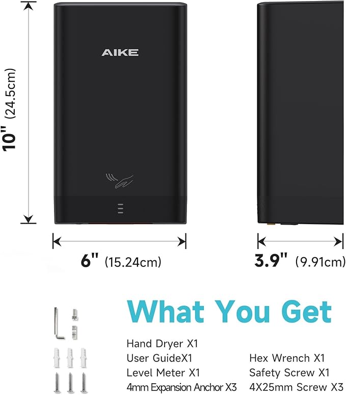 AIKE Compact Hand Dryer for Home Bathroom, Cover ABS Polycarbonate Design, 110V Black Model AK2822