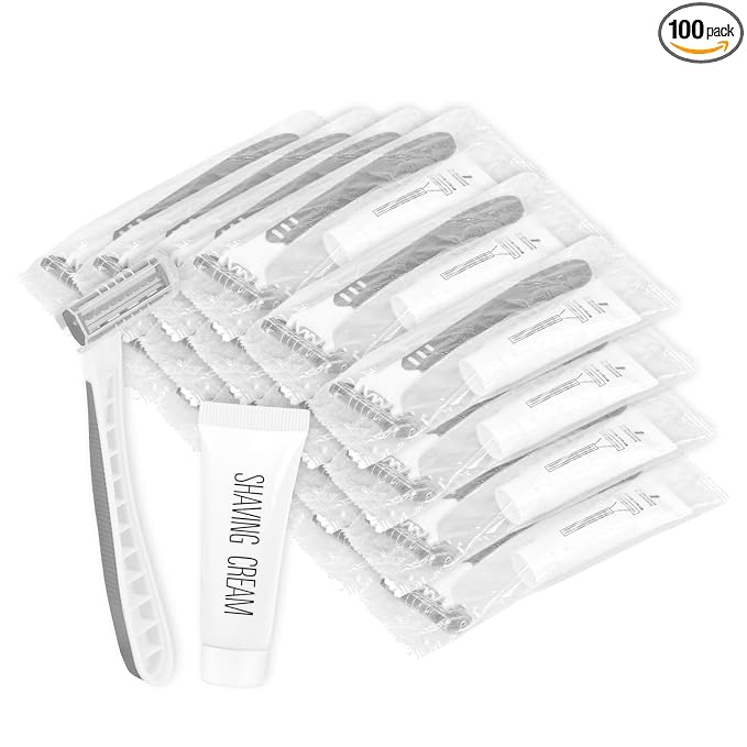 Disposable Razors Bulk, Razors Individually Wrapped Bulk, Travel Razors Bulk With 10g Shaving Cream For Hotels, Shelters, Homeless, Nursing Homes, Charities, Churches (Gray,100-PACK)