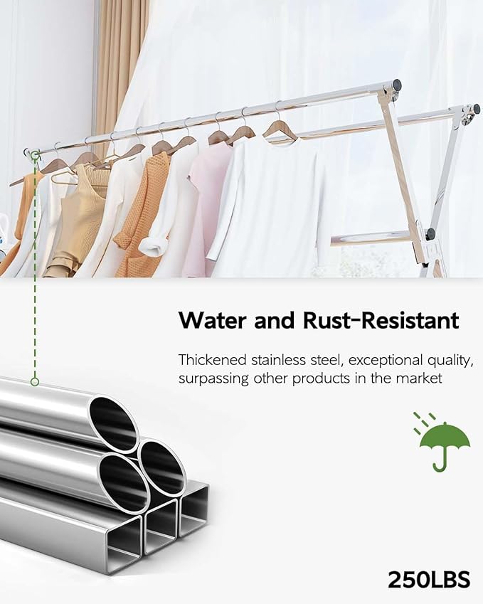 Vikaqi Clothes Drying Rack 79 Inches Folding Indoor Outdoor, Drying Rack Clothing Collapsible, Foldable Laundry Drying Rack, Heavy Duty Stainless Steel Clothesline, Garmet Rack, 20 Hooks 12 Clips
