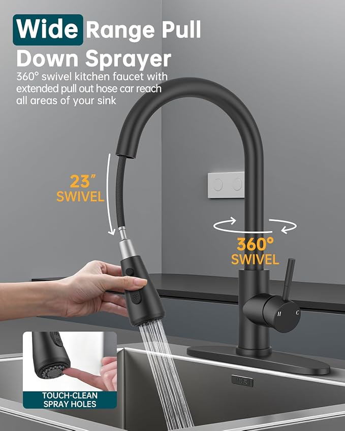 Hiqufet Kitchen Faucet, Pull Down Sprayer, Deck Plate, Matte Black | Easy Install, 360 Swivel, 3 Spray Modes, High Arc Spout, Fits 1- or 3-Hole Sinks, SUS304 Stainless Steel