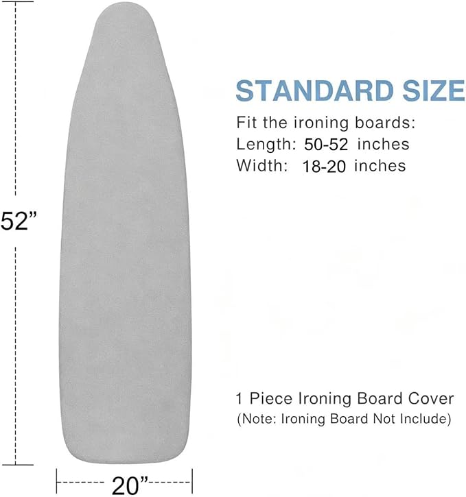 VividPaw Extra Large Ironing Board Cover and Pad 19x51, 20x52 Thick Padding, Elastic Edge, Silicone Coated, Resist Scorching, Adjustable Fastener, Heavy Duty Padded Iron Board Covers (Grey)