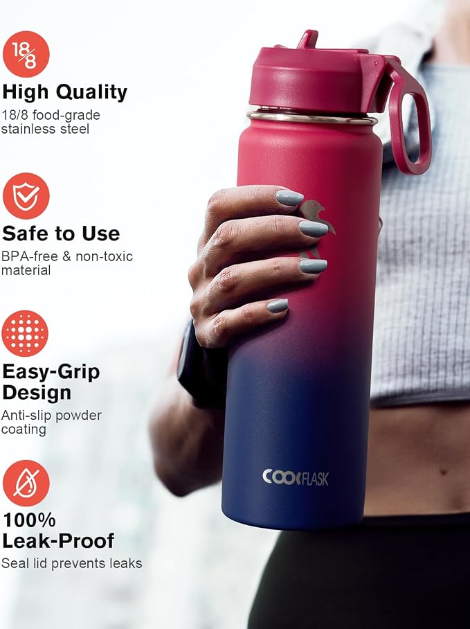 Coolflask Water Bottle 24 oz Insulated with Straw, Stainless Steel Metal 3 Lids Water Flask Wide Mouth for Sports or Office, Non-BPA Keep Cold Up to 48 Hrs or Hot Up to 24 Hrs, Ombre Wine/Navy