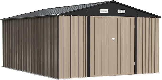 Patiowell 10x14 FT Storage Shed, Outdoor Metal Steel Garden Shed with Lockable Door and Sloping Roof, Large Outside Utility Tool Sheds for Backyard Garden Patio, Brown