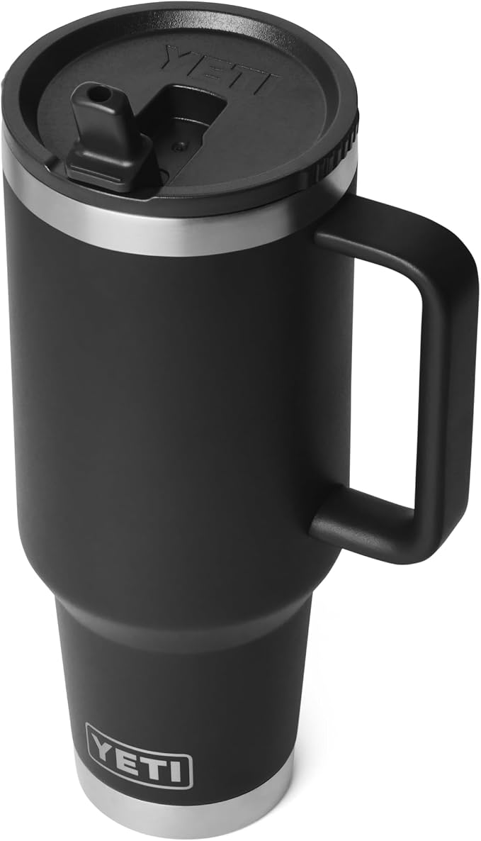 YETI Rambler 40 oz Travel Mug with Flip Straw Lid – Stainless Steel, Vacuum Insulated, Leakproof, Cup Holder Friendly, Black