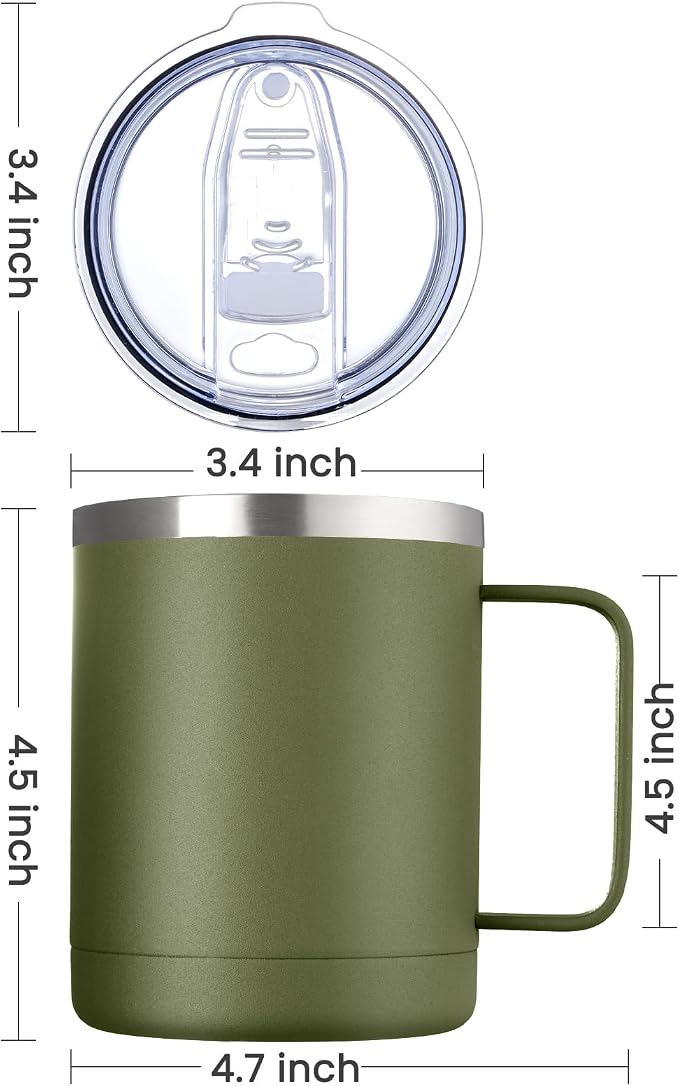 MEWAY 12oz Coffee Mug With Handle and Sliding Lid,Stainless Steel Travel Tumbler Cup with Handle,Double Wall Vacuum Insulated Camping Cup for Hot & Cold Drinks Tea (Army Green,Set of 1