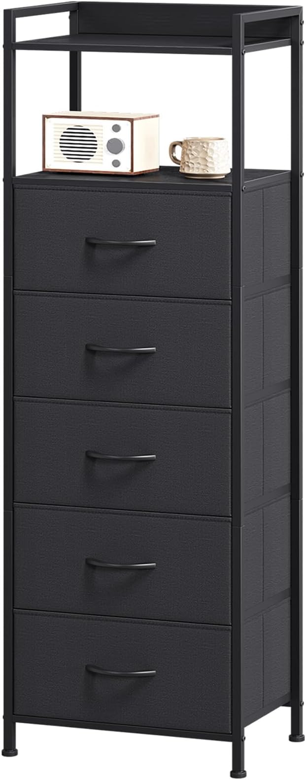 Somdot Tall Dresser for Bedroom, 5 Drawers Nightstand Vertical Storage Tower Unit, Night Stand Furniture with Fabric Drawer Organizer in Bedside Hallway, Entryway, Kids Room, Closet, Black