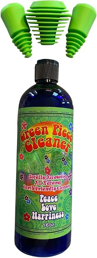 Green Piece® Glass Cleaner 16 oz Bottle with Set of 3 Silicone Plugs (Made in USA) - Excellent for Scent Proofing and Cleaning