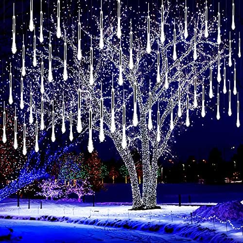 Kwaiffeo Christmas Lights Outdoor, 8 Tubes Meteor Shower Lights LED Snow Falling Icicle Cascading Light for Xmas Tree Wedding Decoration Party, UL Plug, White