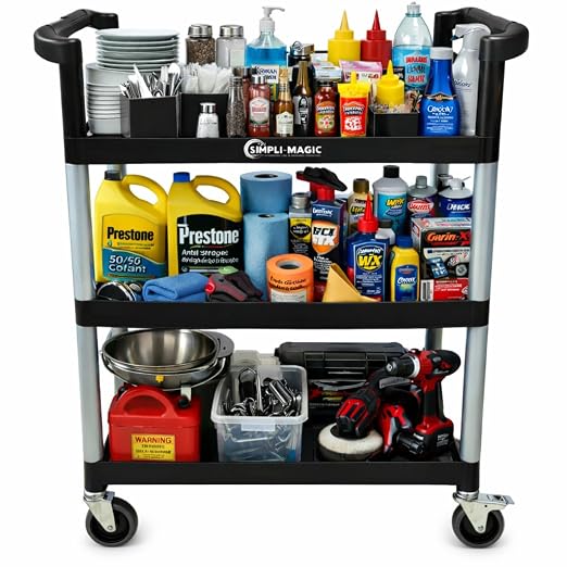 Simpli-Magic Rolling Utility Cart on Wheels, Heavy Duty Multi-Purpose Service Cart, Silver & Black, Garage, Warehouse & Commercial Use