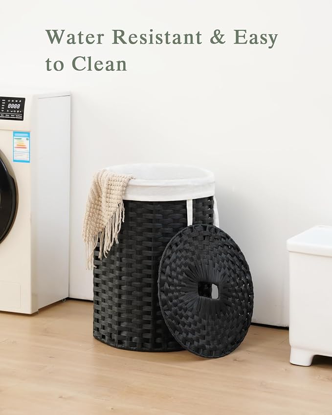 SETVSON Laundry Hamper with Lid 23.8 Gal Handwoven Laundry Basket Black | The lid hides dirty clothes, keeping spaces neat and fresh. 90 L Large Capacity, Stylish Design with Handles Easy Transport